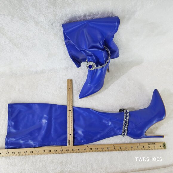 Lawless Bold Blue Stretch Leatherette Rhinestone Ankle Bracelet Thigh High Boots - Picture 9 of 17